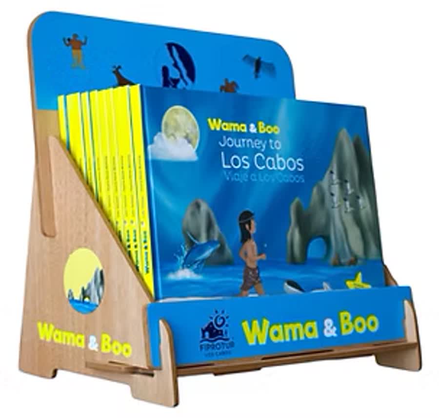 Side view of the Wama & Boo custom wooden display stand